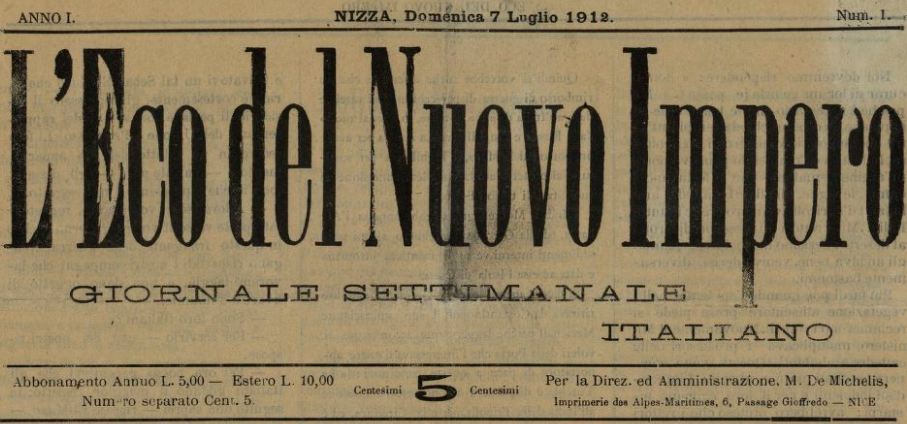 Photo (BnF / Gallica) de : L'Eco del nuovo impero. Nice, 1912. ISSN 2127-0317.