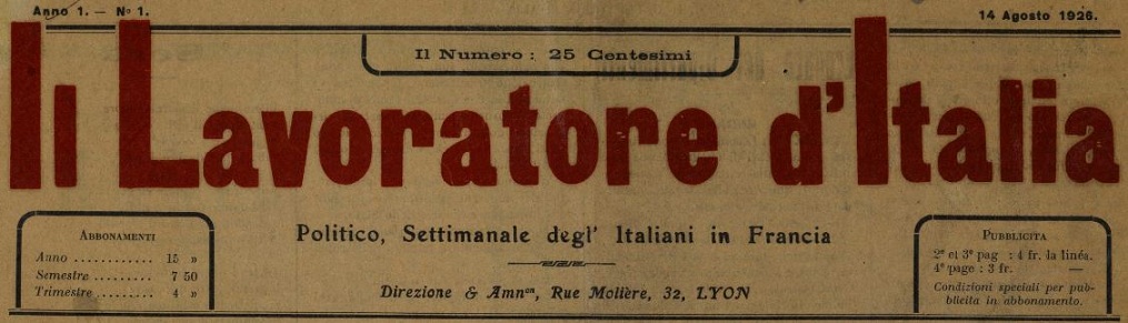Photo (BnF / Gallica) de : Il Lavoratore d'Italia. Lyon, 1926-[1926 ?]. ISSN 2131-1897.