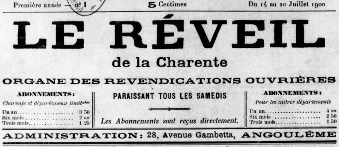 Photo (BnF / Gallica) de : Le Réveil de la Charente. Angoulême, 1900-1901. ISSN 2107-8335.