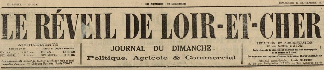 Photo (BnF / Gallica) de : Le Réveil de Loir-et-Cher. Blois, 1885-1939. ISSN 2136-8473.