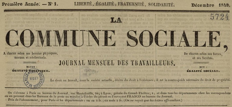Photo (Bibliothèque municipale (Lyon)) de : La Commune sociale. Paris, Lyon, 1848-1849. ISSN 1245-7396.