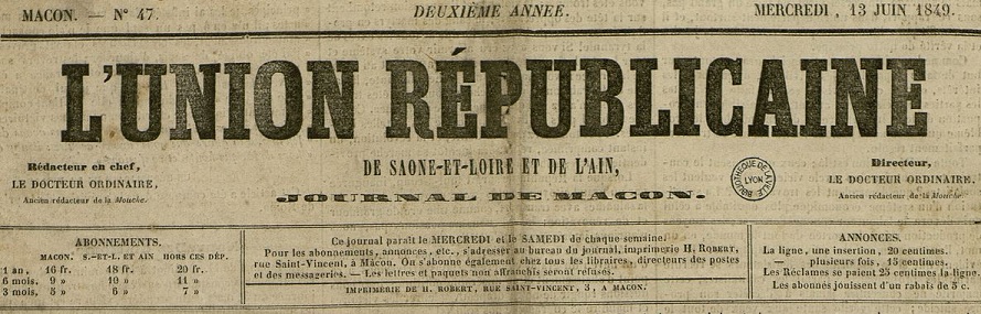 Photo (Bibliothèque municipale (Lyon)) de : L'Union républicaine de Saône-et-Loire et de l'Ain. Mâcon, 1848-[1849 ?]. ISSN 1261-5846.
