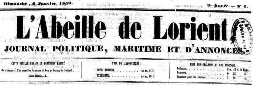 Photo (Morbihan. Archives départementales) de : L'Abeille de Lorient. Lorient, 1849-1872. ISSN 2120-053X.