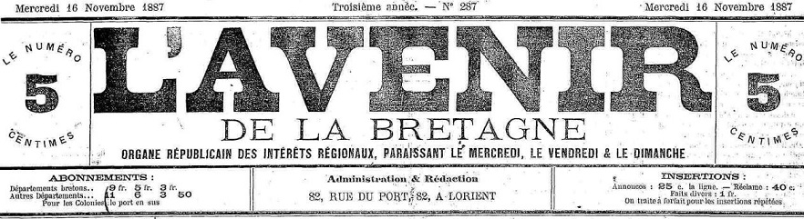 Photo (Morbihan. Archives départementales) de : L'Avenir de la Bretagne. Lorient, 1887-1901. ISSN 2121-4506.