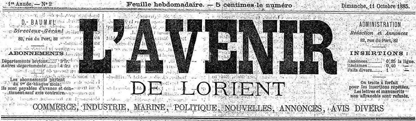 Photo (Morbihan. Archives départementales) de : L'Avenir de Lorient. Lorient, 1885-1887. ISSN 2121-4999.