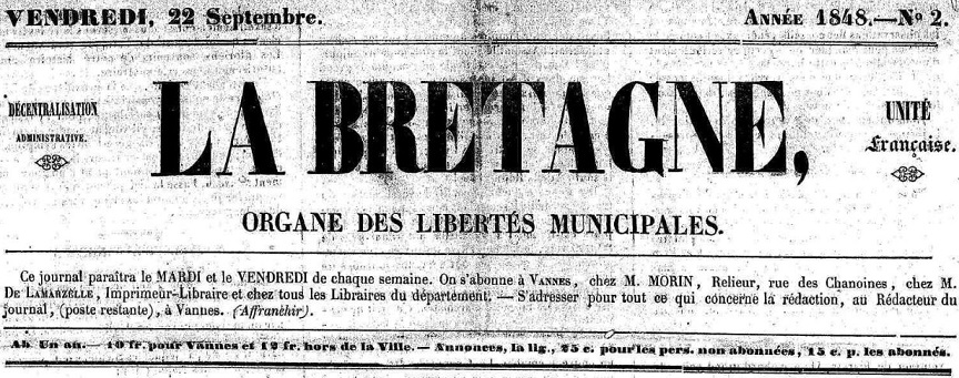 Photo (Morbihan. Archives départementales) de : La Bretagne. Vannes, 1848-1851. ISSN 2122-2703.