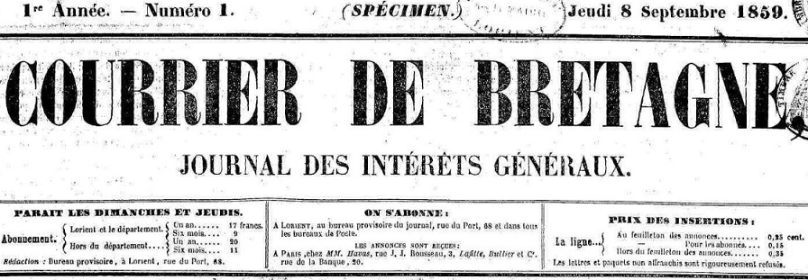 Photo (Morbihan. Archives départementales) de : Courrier de Bretagne. Lorient, 1859-1886. ISSN 2124-6882.