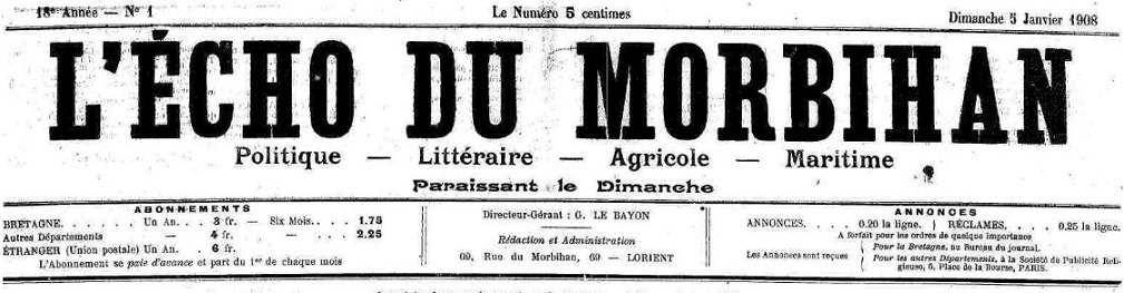 Photo (Morbihan. Archives départementales) de : L'Écho du Morbihan. Lorient, 1908-[1915 ?]. ISSN 2025-6469.