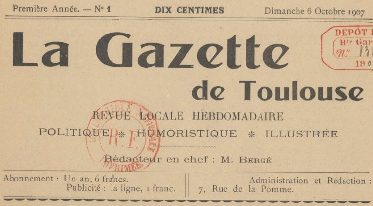 Photo (BnF / Gallica) de : La Gazette de Toulouse. Toulouse, 1907-[1934 ?]. ISSN 2128-6876.