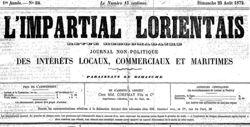 Photo (Morbihan. Archives départementales) de : L'Impartial lorientais. Lorient, 1872-1876. ISSN 2129-3678.