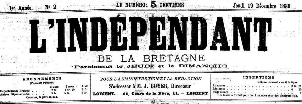 Photo (Morbihan. Archives départementales) de : L'Indépendant de la Bretagne. Lorient, 1889-1892. ISSN 2129-5255.