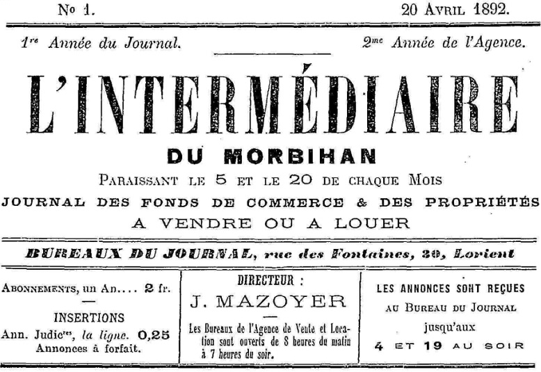 Photo (Morbihan. Archives départementales) de : L'Intermédiaire du Morbihan. Lorient, 1892-[1895 ?]. ISSN 2129-9943.