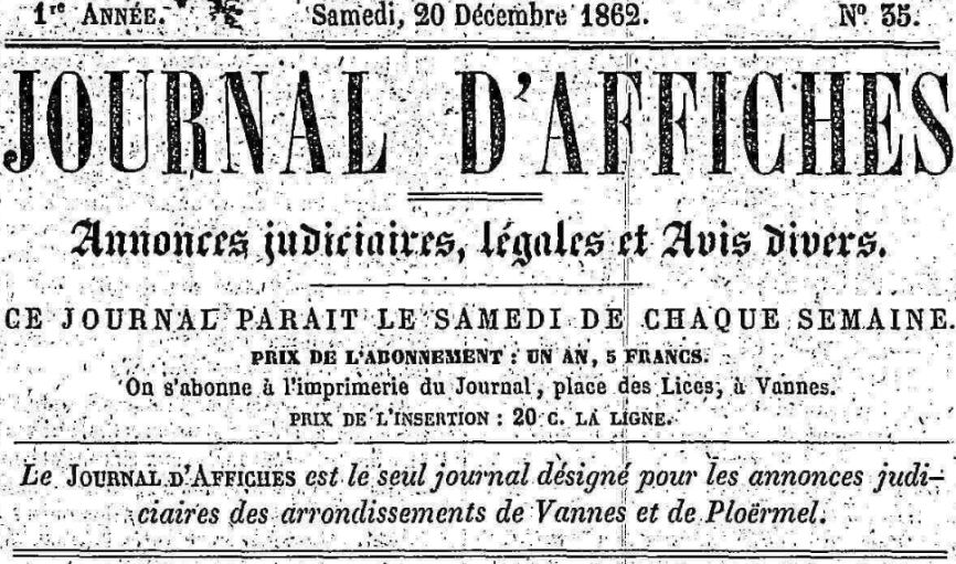 Photo (Morbihan. Archives départementales) de : Journal d'affiches, annonces judiciaires, légales et avis divers. Vannes, 1862-1863. ISSN 2130-1530.