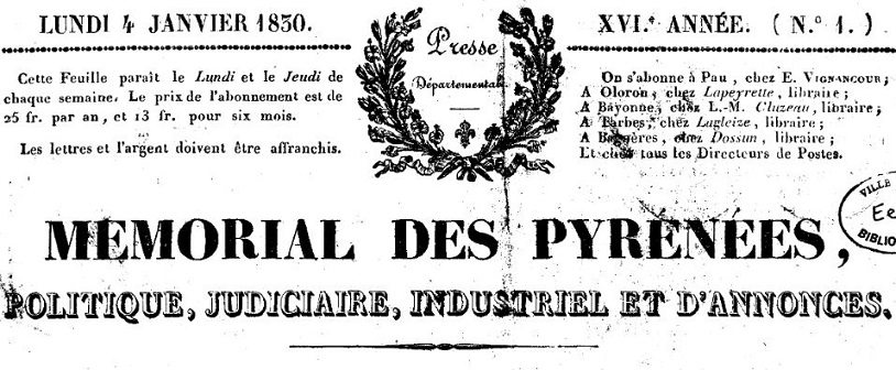 Photo (Communauté d'agglomération (Pau)) de : Le Mémorial des Pyrénées. Pau, 1829-1923. ISSN 1261-5919.