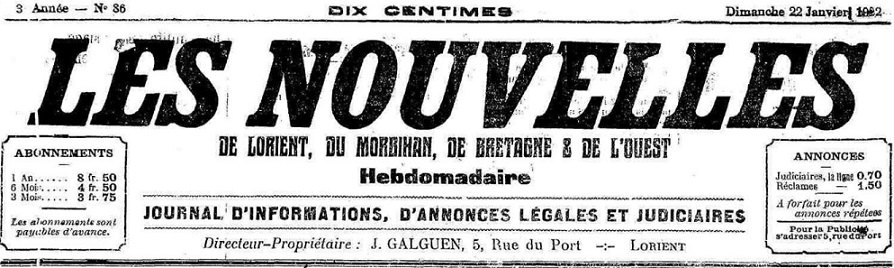 Photo (Morbihan. Archives départementales) de : Les Nouvelles de Lorient, du Morbihan, de Bretagne et de l'Ouest. Lorient, [1922 ?]-1930. ISSN 2133-0794.
