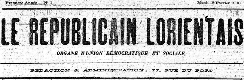 Photo (Morbihan. Archives départementales) de : Le Républicain lorientais. Lorient, 1908. ISSN 2136-4486.