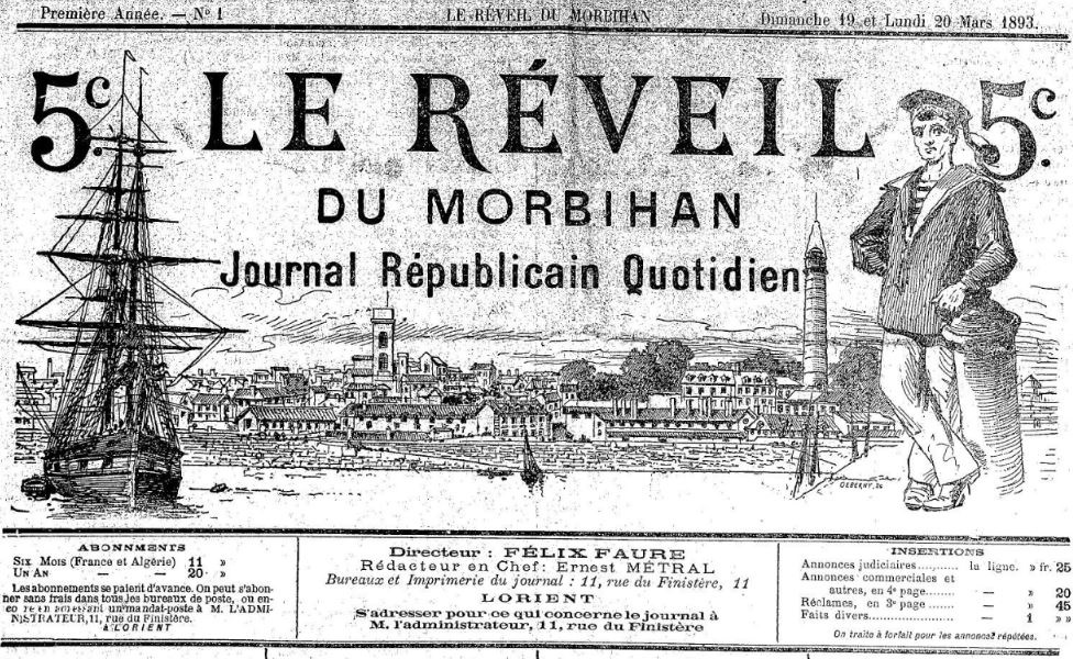 Photo (Morbihan. Archives départementales) de : Le Réveil du Morbihan. Lorient, 1893. ISSN 2136-9976.