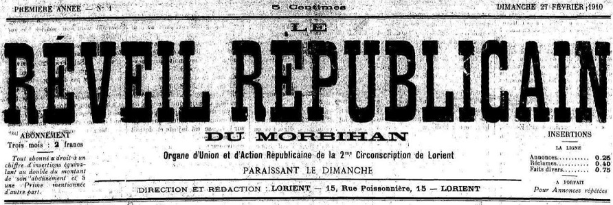 Photo (Morbihan. Archives départementales) de : Le Réveil républicain du Morbihan. Lorient, 1910. ISSN 2137-1237.