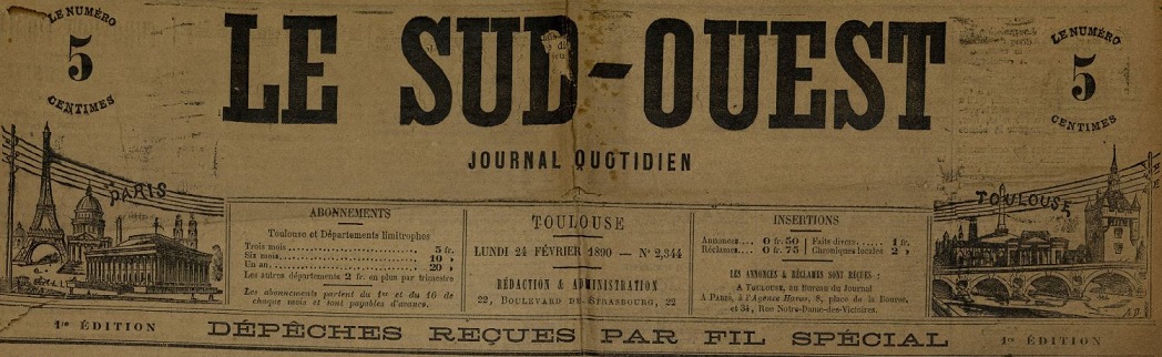Photo (Bibliothèque de Toulouse) de : Le Sud-Ouest. Toulouse, 1890-1894. ISSN 1959-9072.