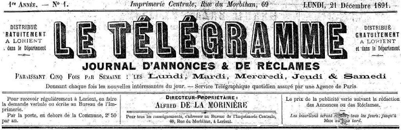 Photo (Morbihan. Archives départementales) de : Le Télégramme. Lorient, 1891-1893. ISSN 2138-5475.