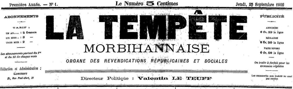 Photo (Morbihan. Archives départementales) de : La Tempête morbihannaise. Lorient, 1902. ISSN 2138-5726.