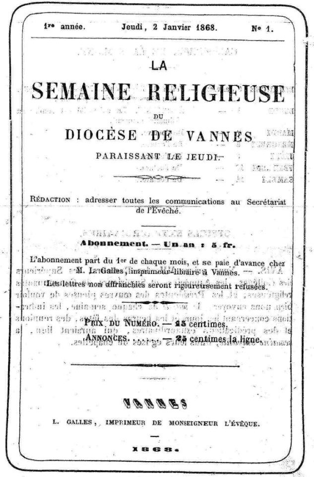Photo (Morbihan. Archives départementales) de : La Semaine religieuse du diocèse de Vannes. Vannes : Évêché de Vannes, 1868-1964. ISSN 1141-1449.