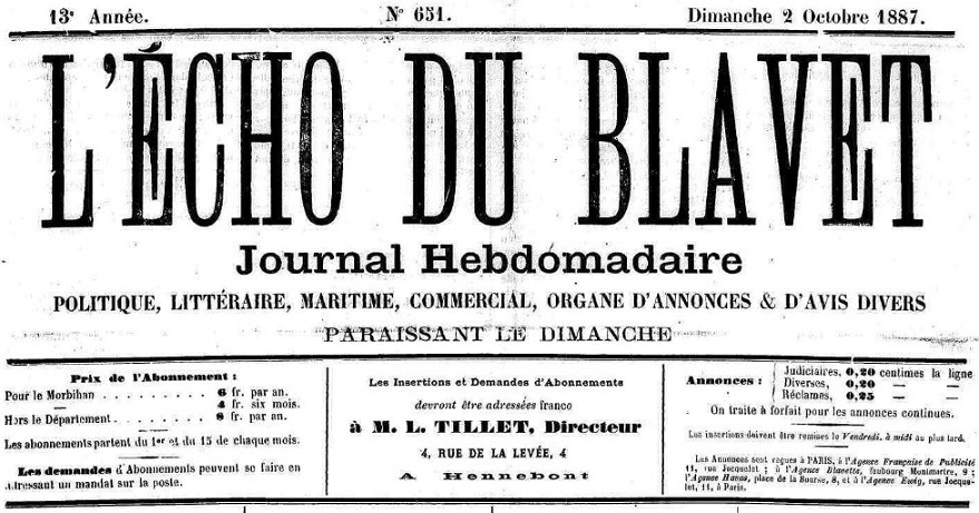 Photo (Morbihan. Archives départementales) de : L'Écho du Blavet. Hennebont, [1887 ?]-1889. ISSN 1965-3387.