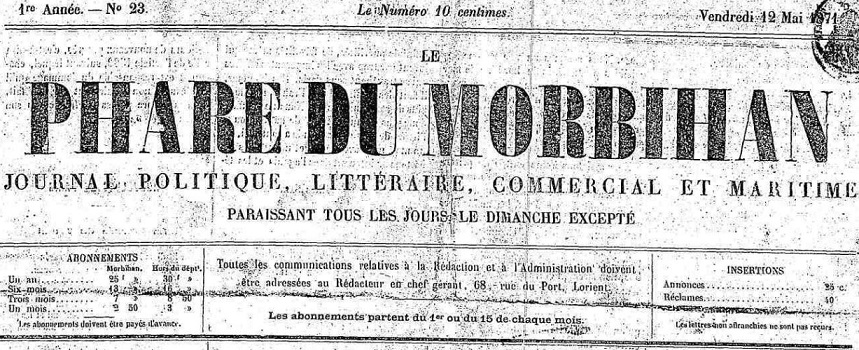 Photo (Morbihan. Archives départementales) de : Le Phare du Morbihan. Lorient, 1871. ISSN 1965-3425.