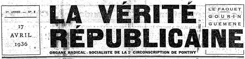 Photo (Morbihan. Archives départementales) de : La Vérité républicaine. Pontivy [?], 1936. ISSN 1965-3476.