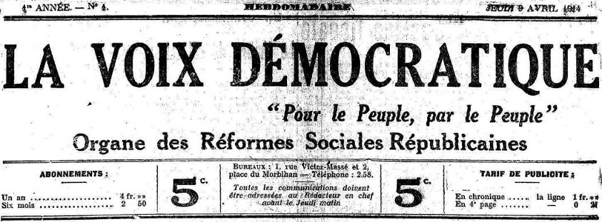 Photo (Morbihan. Archives départementales) de : La Voix démocratique. Lorient, 1914. ISSN 1965-3484.