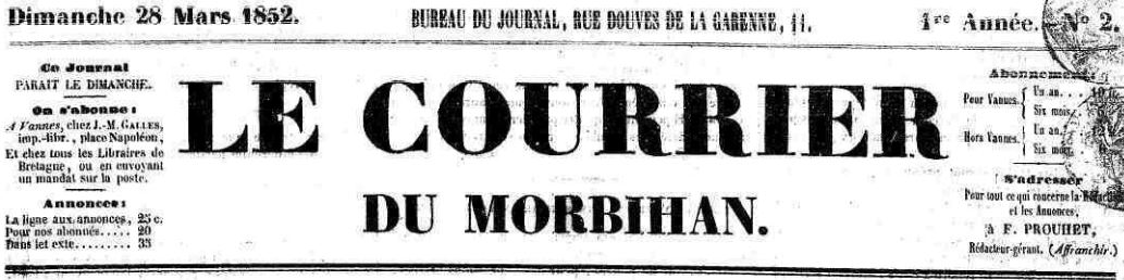 Photo (Morbihan. Archives départementales) de : Le Courrier du Morbihan. Vannes, 1852-1856. ISSN 1967-8576.
