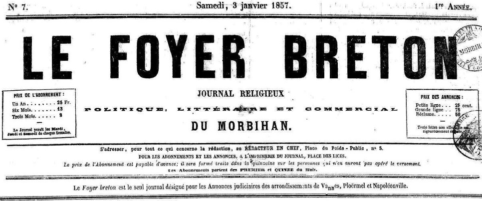 Photo (Morbihan. Archives départementales) de : Le Foyer breton. Vannes, 1856-1862. ISSN 1967-8606.