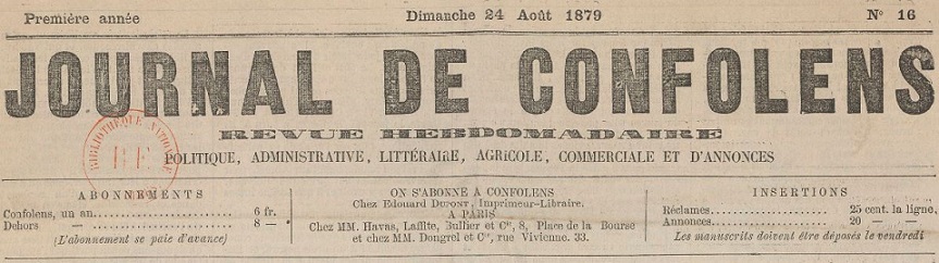 Photo (BnF / Gallica) de : Journal de Confolens. Confolens, [1836 ?]-1944. ISSN 2107-867X.
