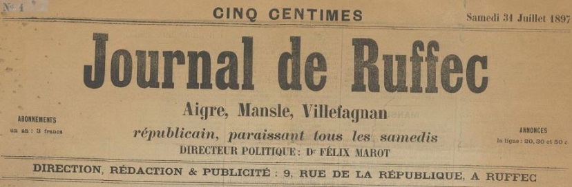 Photo (BnF / Gallica) de : Journal de Ruffec. Ruffec, 1897-1944. ISSN 2100-756X.