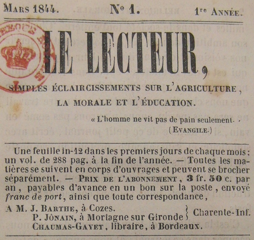 Photo (BnF / Gallica) de : Le Lecteur. Cozes, Mortagne-sur-Gironde, Bordeaux, 1844. ISSN 2608-9459.