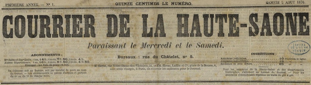 Photo (Haute-Saône. Archives départementales) de : Courrier de la Haute-Saône. Vesoul, 1876-1883. ISSN 2124-7463.