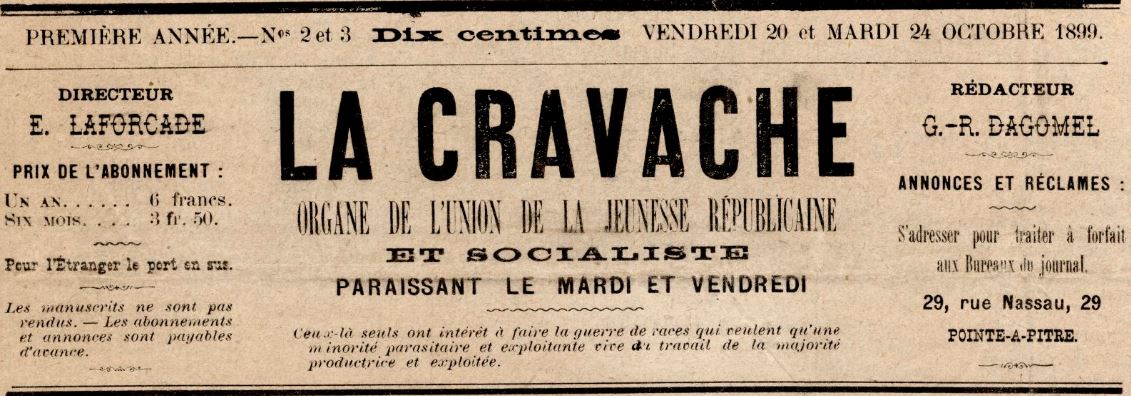 Photo (BnF / Gallica) de : La Cravache. Pointe-à-Pitre, 1899-[1909 ?]. ISSN 2427-1209.