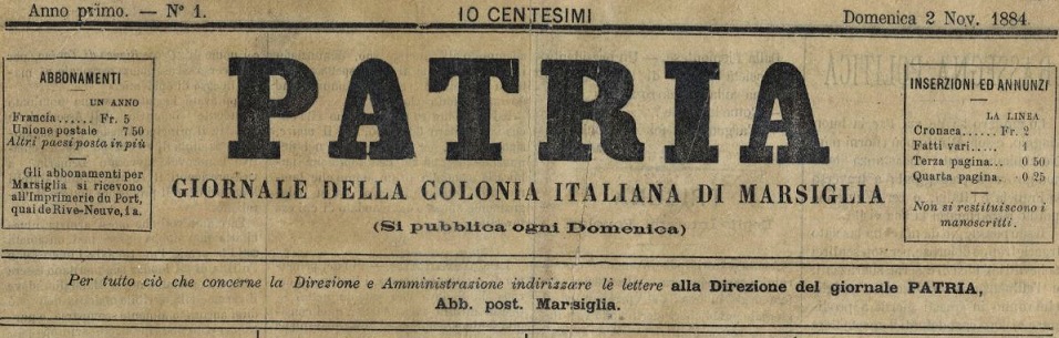 Photo (BnF / Gallica) de : Patria. Marsiglia, 1884-[1885 ?]. ISSN 2133-6334.