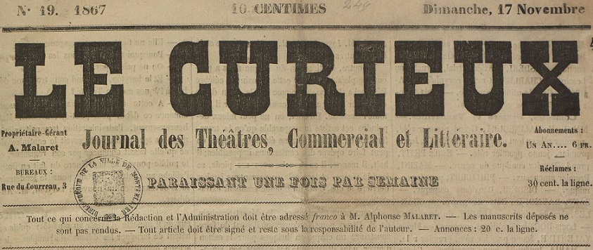 Photo (Montpellier. Bibliothèques municipales) de : Le Curieux. Montpellier, 1867-[1869 ?]. ISSN 2125-3455.