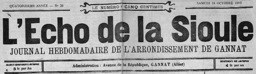 Photo (Allier. Archives départementales) de : L'Écho de la Sioule. Gannat, 1906-1944. ISSN 2126-3361.