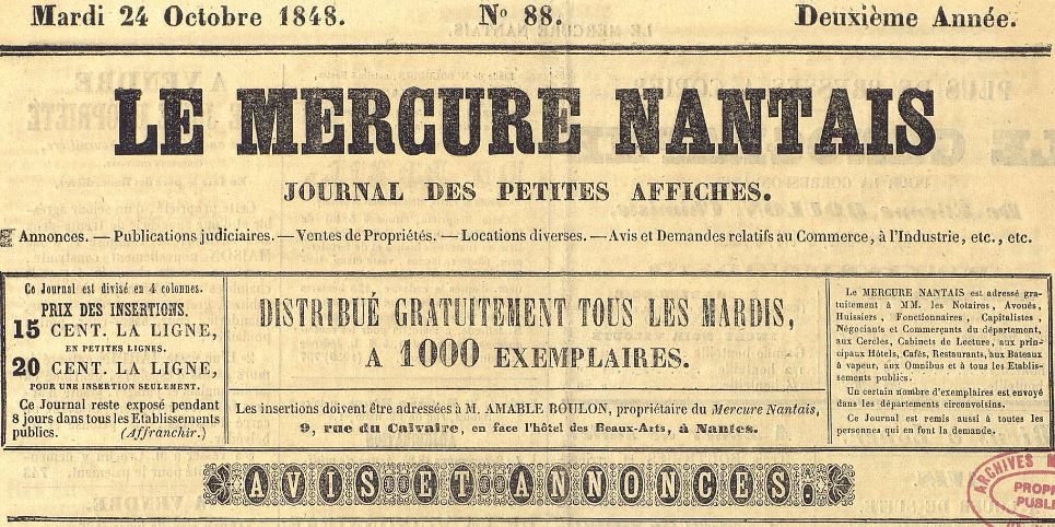 Photo (Nantes. Archives municipales) de : Le Mercure nantais. Nantes, 1847-1848. ISSN 2132-0594.