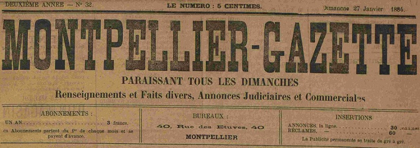 Photo (Montpellier. Bibliothèques municipales) de : Montpellier-Gazette. Montpellier, 1883-1884. ISSN 2132-5774.