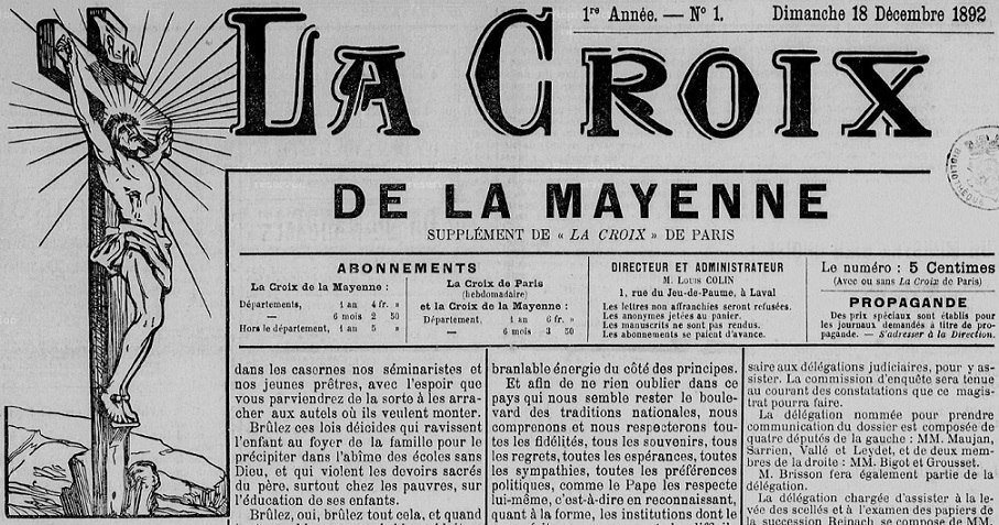 Photo (Bibliothèque municipale (Laval)) de : La Croix de la Mayenne. Laval, 1892-1907. ISSN 2125-2394.