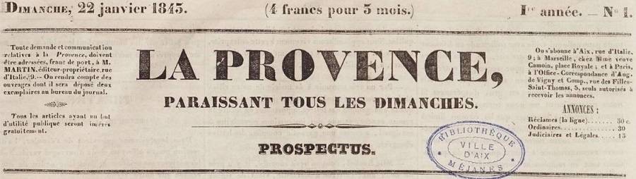 Photo (Bibliothèque Méjanes (Aix-en-Provence, Bouches-du-Rhône)) de : La Provence. Aix, 1843-1860. ISSN 2135-6181.