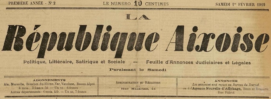 Photo (Bibliothèque Méjanes (Aix-en-Provence, Bouches-du-Rhône)) de : La République aixoise. Aix-en-Provence, 1919-1937. ISSN 2136-513X.