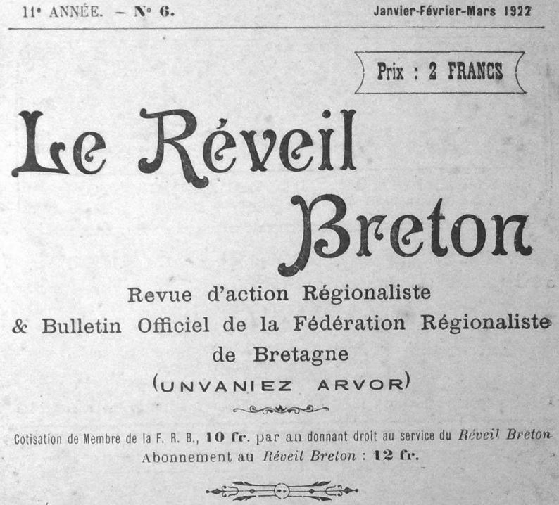 Photo (Institut de documentation bretonne et européenne) de : Le Réveil breton. Quimperlé, 1920-1944. ISSN 2136-690X.