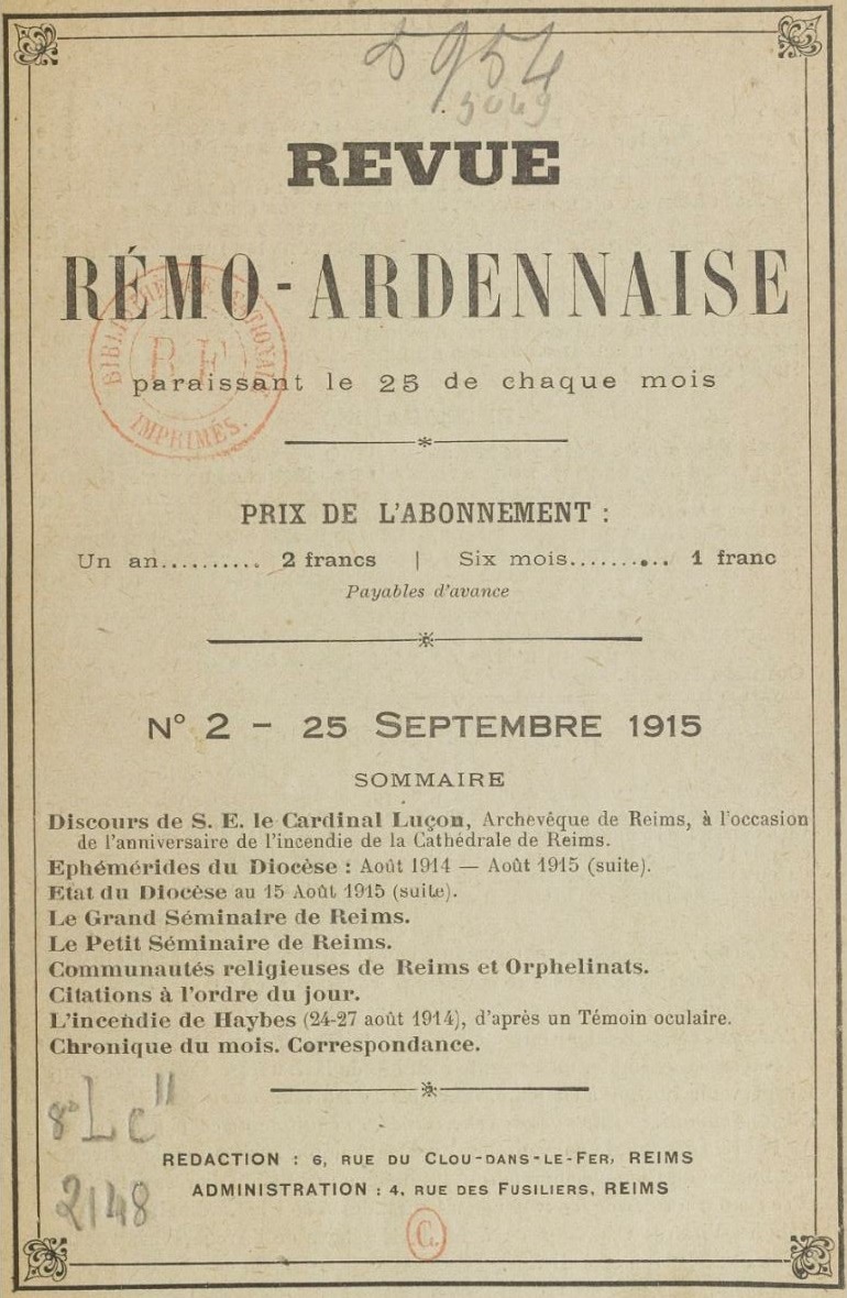 Photo (BnF / Gallica) de : Revue rémo-ardennaise. Reims, 1915-1919. ISSN 2111-0891.