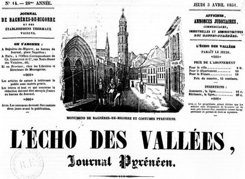 Photo (BnF / Gallica) de : L'Écho des vallées. Bagnères : Jean-Marie Dossun, 1848-1883. ISSN 2426-2005.