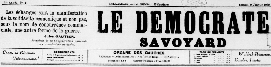Photo (BnF / Gallica) de : Le Démocrate savoyard. Chambéry, 1932-1944. ISSN 2125-6152.