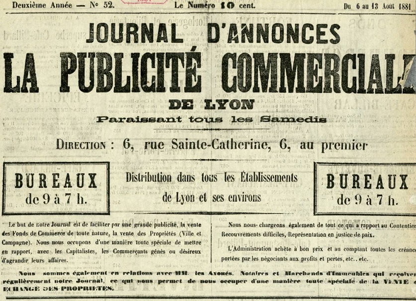Photo (Bibliothèque municipale (Lyon)) de : Journal d'annonces. Lyon, 1879-1881. ISSN 2130-176X.